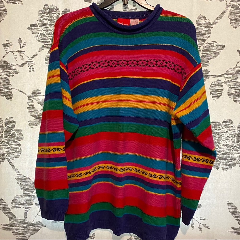 Liz & Co. Sweater Striped Bold Colorful Rainbow